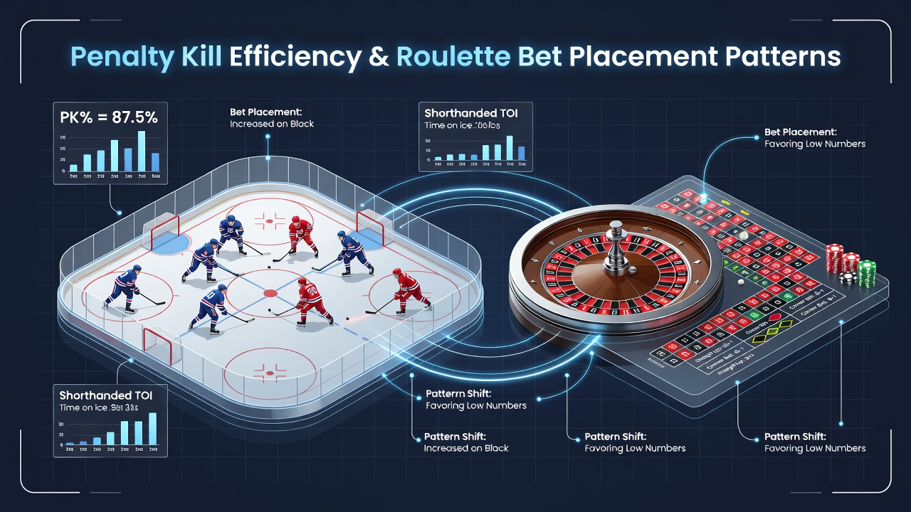 Split screen showing NHL penalty kill statistics next to active roulette table with bet placement heat map on a merged gaming platform