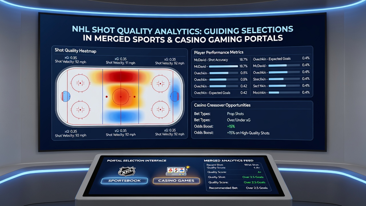 Analytics dashboard displaying NHL shot quality metrics alongside betting and casino game interfaces on a merged platform