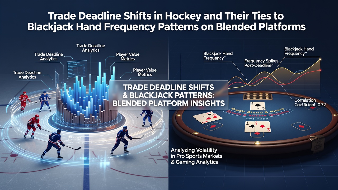 NHL trade deadline activity shown alongside blended platform analytics dashboards displaying hockey stats and blackjack session data