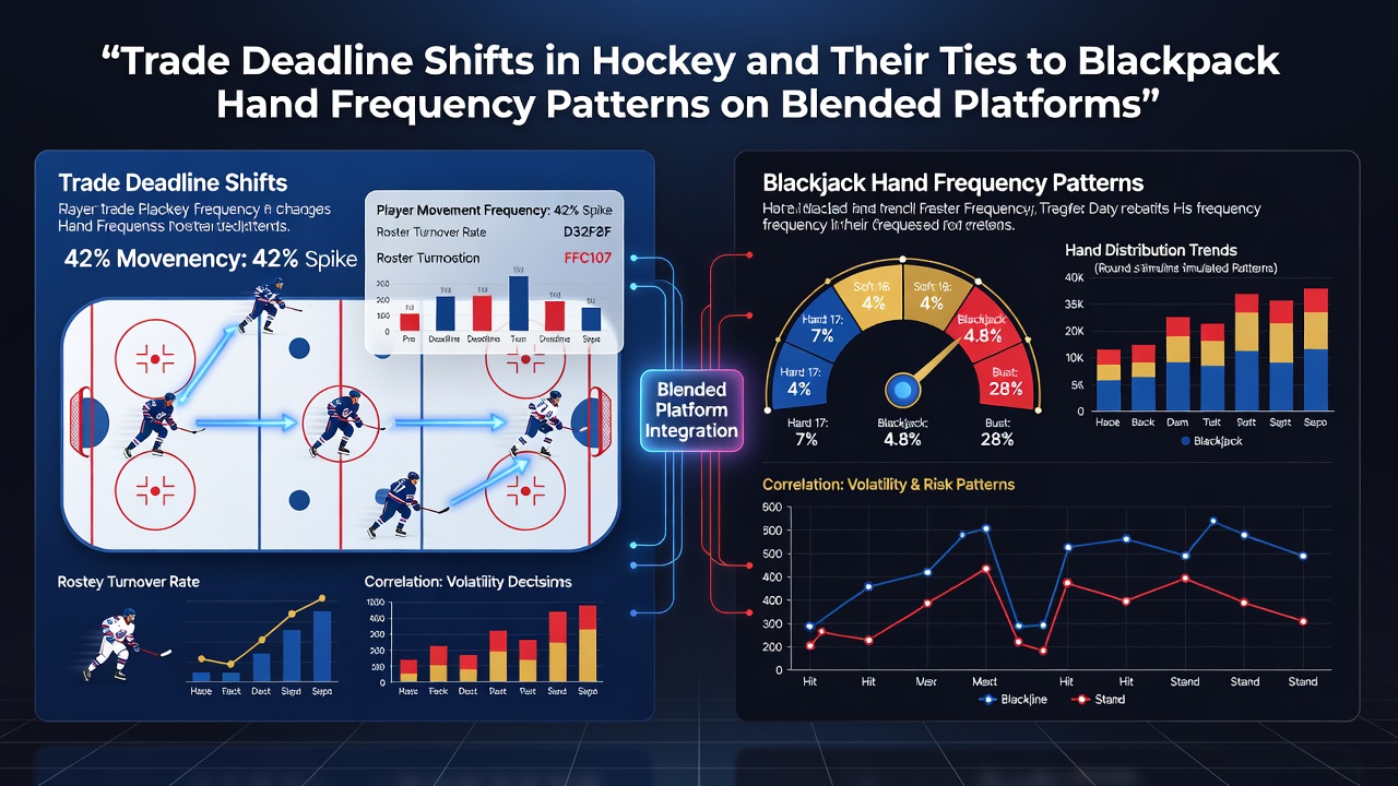 Analytics graphs comparing NHL player movement data with blackjack hand frequency metrics on integrated betting platforms